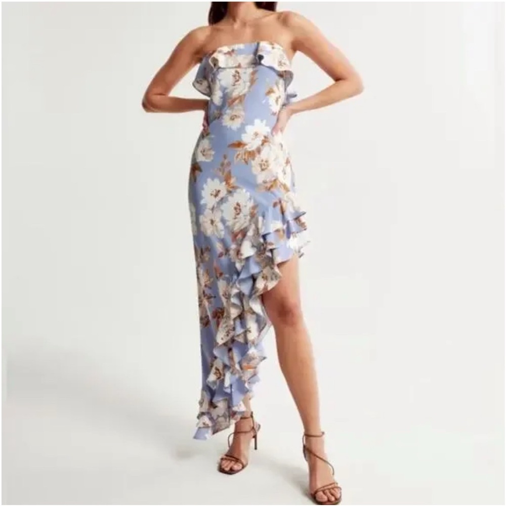 Abercrombie & Fitch Light Blue Floral Strapless Ruffle Dress